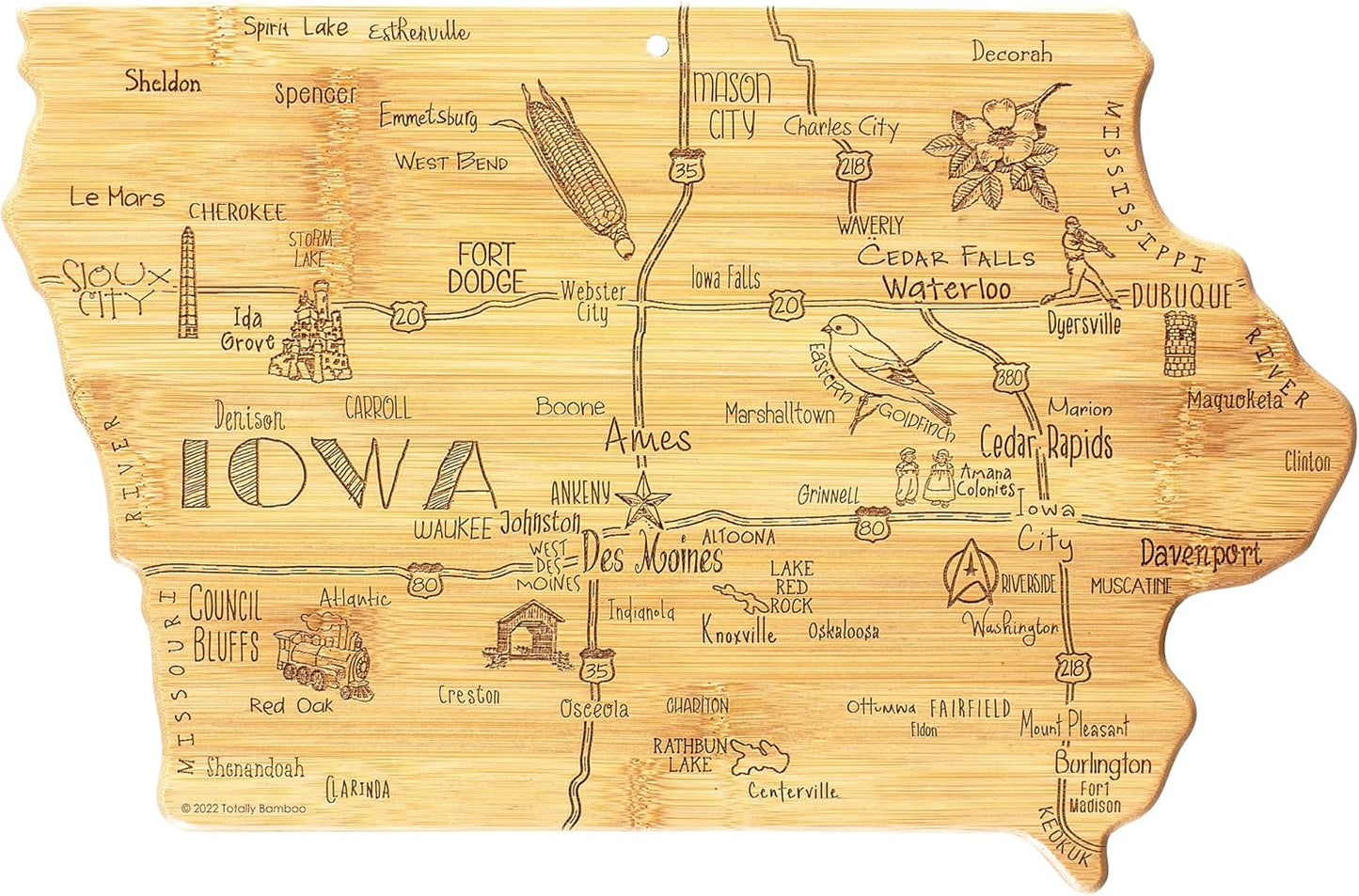 Totally Bamboo Destination Iowa Shaped Cutting Board – Bamboo Charcuterie and Serving Board with Hang Tie for Wall Display