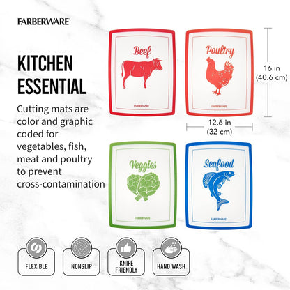 Farberware Flexible Cutting Mats with Food Icons, 11-Inch-by-15-Inch, Set of 4