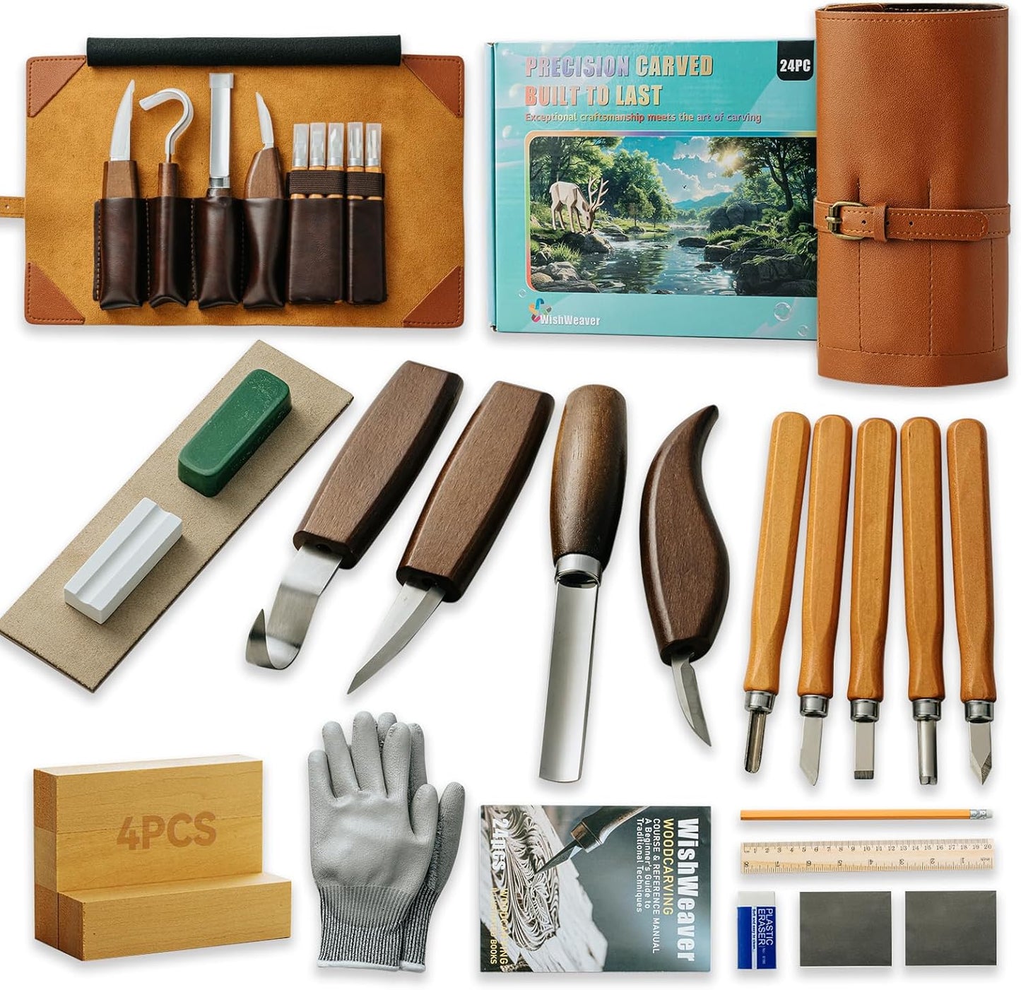 Wood Carving Kit, 24Pcs Wood Carving Tools Set with Leather Storage Bag, Wood Carving Set 4 Wood Carving Knives 5 Chisels 9 Blocks, Whittling Kit for Beginners Enthusiasts Adults Kids Gift DIY