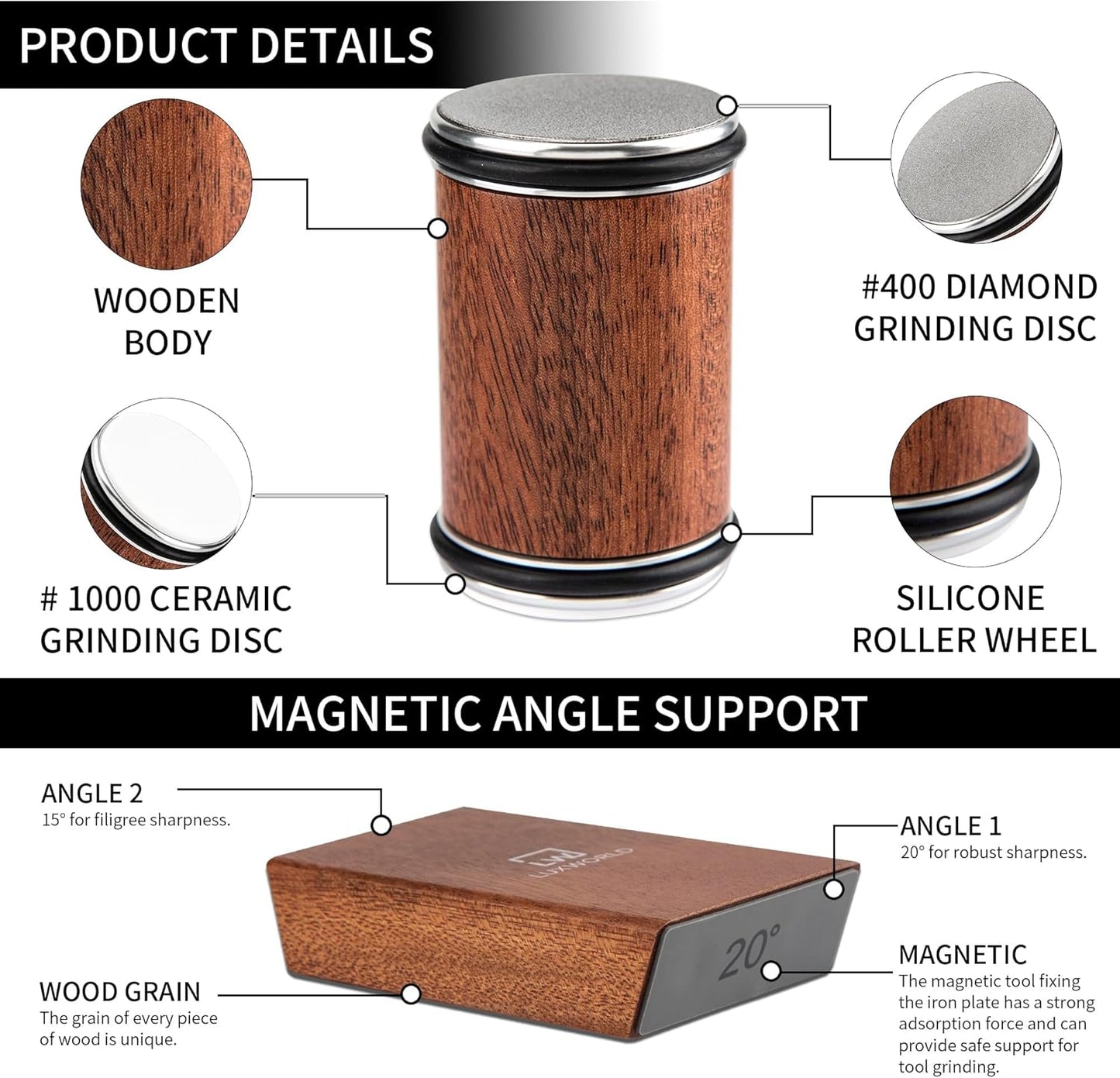 Rolling Knife Sharpener Kit | Diamond & Ceramic Disc Knife Sharpening System with Magnetic 15° & 20° Angle Guide | Manual Sharpener for Kitchen, Chef, Pocket & Japanese Knives | Gift Ready