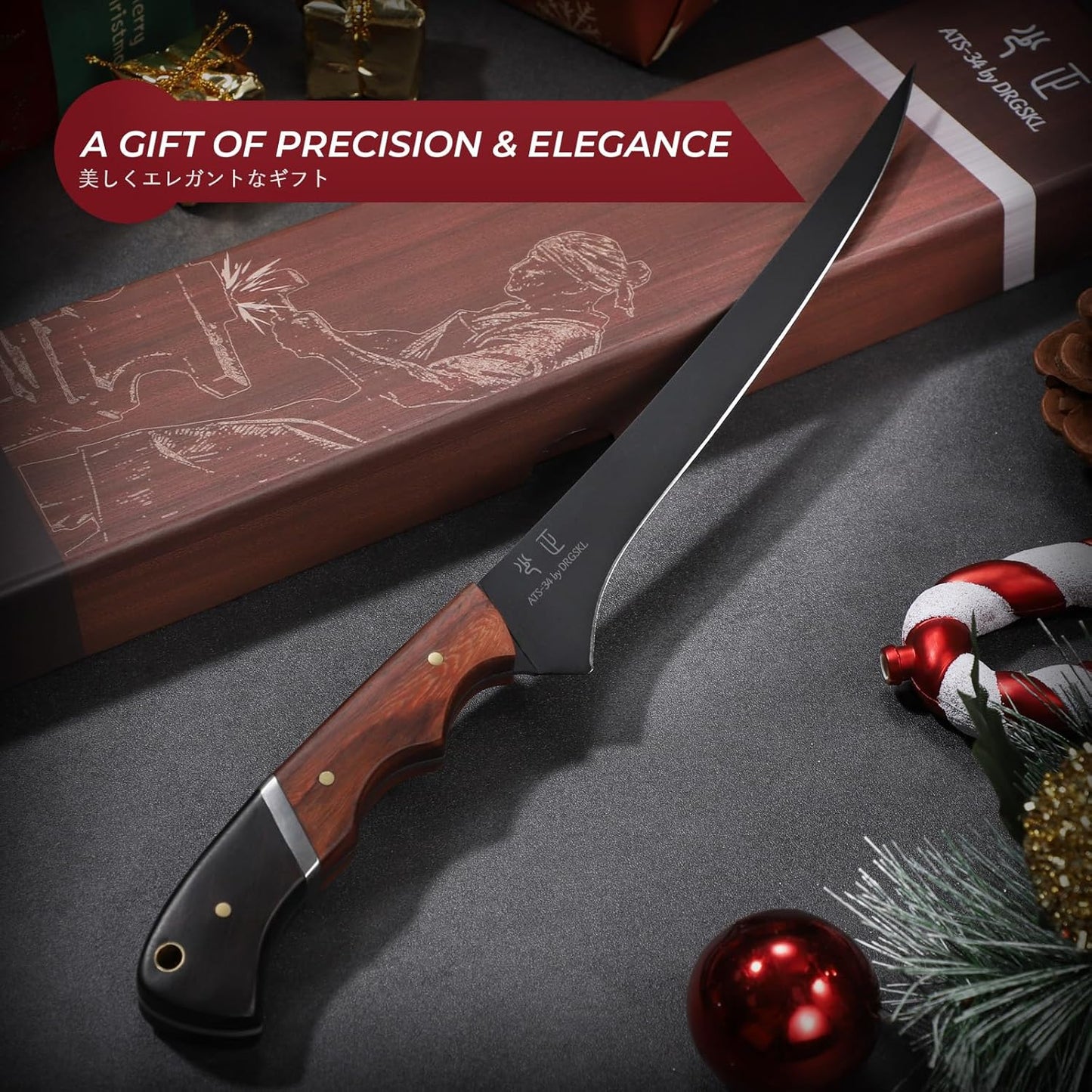 DRGSKL Boning Knife 7 inch - Brisket Trimming Knives for Meat Cutting, Black Butcher Slicing Knives with Full Tang Handle, Kitchen Fillet Knife for Birthday Dad Mom Gift