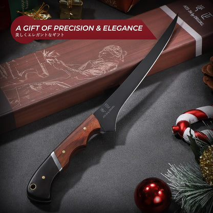 DRGSKL Boning Knife 7 inch - Brisket Trimming Knives for Meat Cutting, Black Butcher Slicing Knives with Full Tang Handle, Kitchen Fillet Knife for Birthday Dad Mom Gift