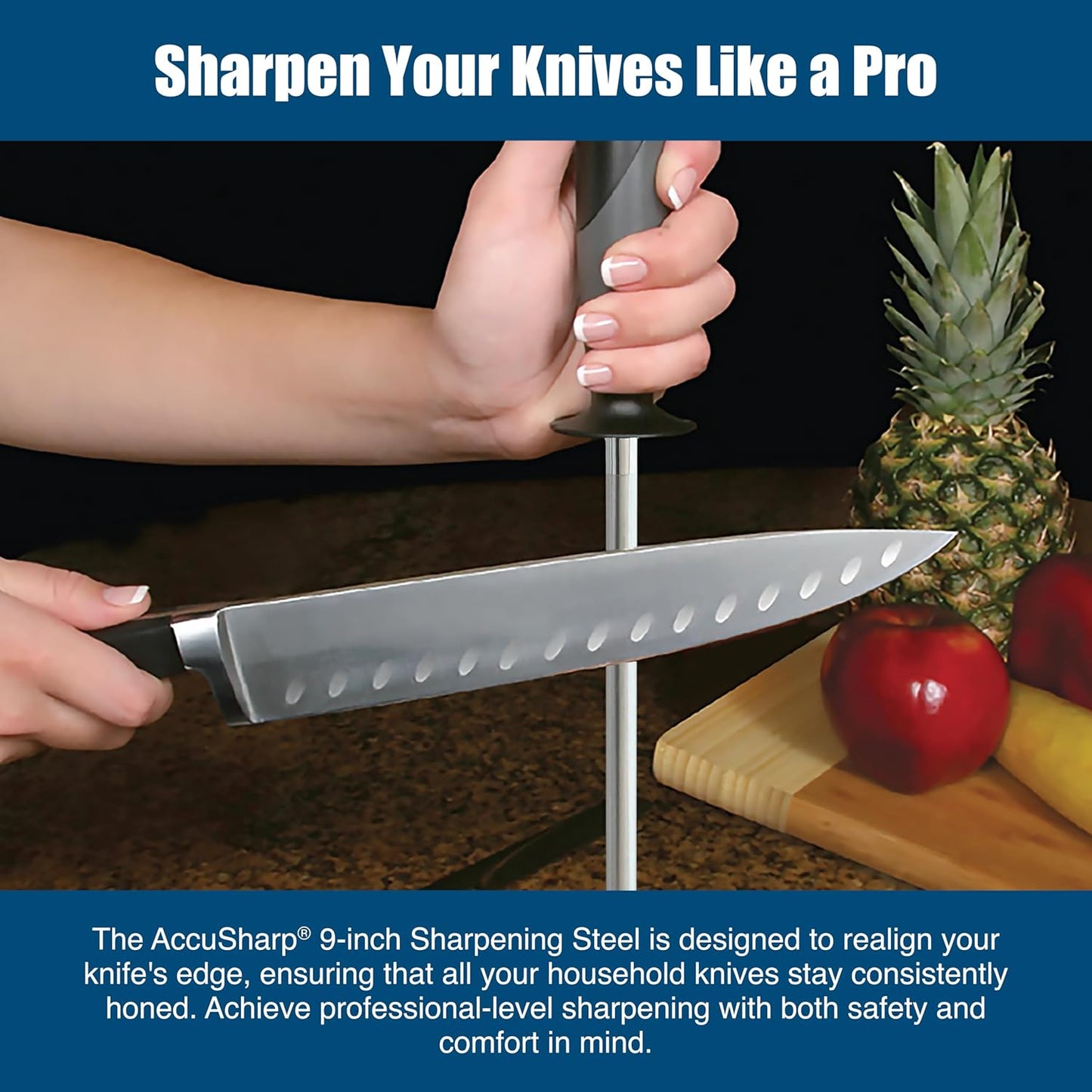 AccuSharp Butcher Sharpening Steel – 9” Knife Honing Rod with Angle Guides (15°/21°), Magnetized Professional Knife Sharpener Rod for Kitchen & Chef Use