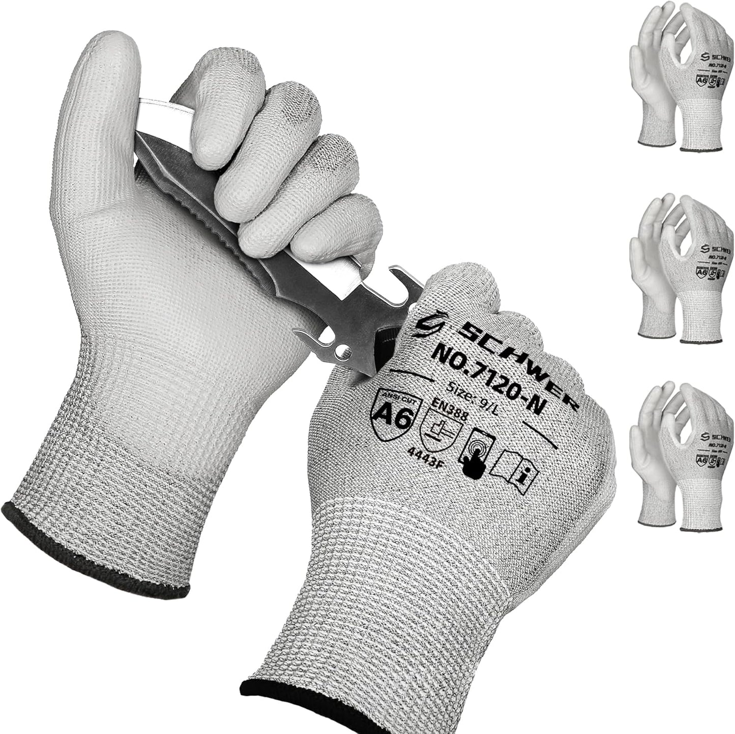 Schwer 3 Pairs Cut Resistant Gloves ANSI A6/A7 (Send Randomly) CR7120 Cut Proof Work Gloves, Touchscreen, for Men and Women Used for Woodworking, Glass Cutting, Construction, Car Repair, XS