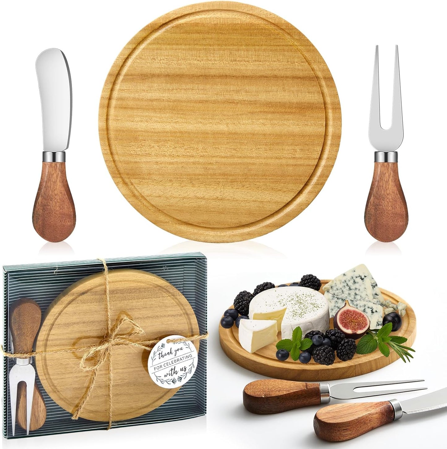 Maxcheck 18 Sets Baby Shower Bridal Game Prizes for Winners Round Cheese Board Set Wood Mini Charcuterie Board with Knives and Forks Thank You Card with Gift Box for Guests Wedding (Bamboo)