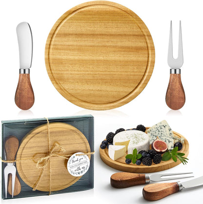 Maxcheck 18 Sets Baby Shower Bridal Game Prizes for Winners Round Cheese Board Set Wood Mini Charcuterie Board with Knives and Forks Thank You Card with Gift Box for Guests Wedding (Bamboo)