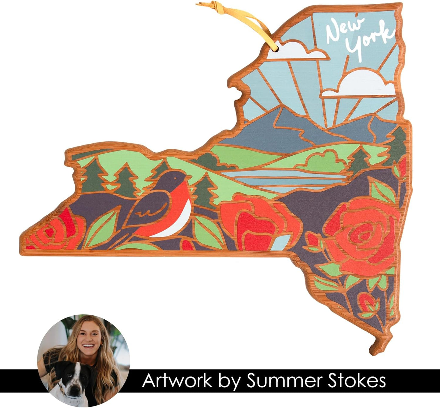 Totally Bamboo North Carolina State Shaped Cutting Board and Charcuterie Serving Platter with Artwork by Summer Stokes, Includes Hang Tie for Wall Display 18" x 8" x 5/8" - Colors A