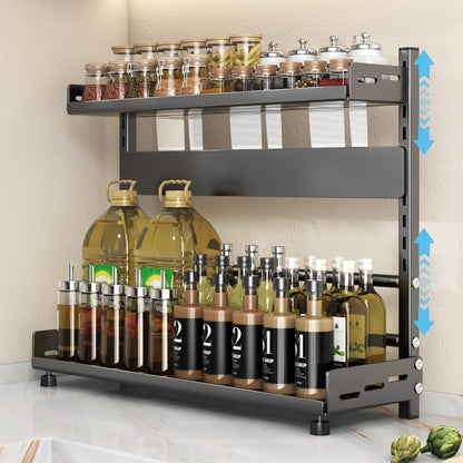 Spice Rack Organizer, 3-Tier Height-Adjustable Kitchen Countertop Spice Organizer Shelf, Metal Rust-Proof Standing Large Seasoning Organizer with Guardrail & Knife Block for Kitchen Bathroom