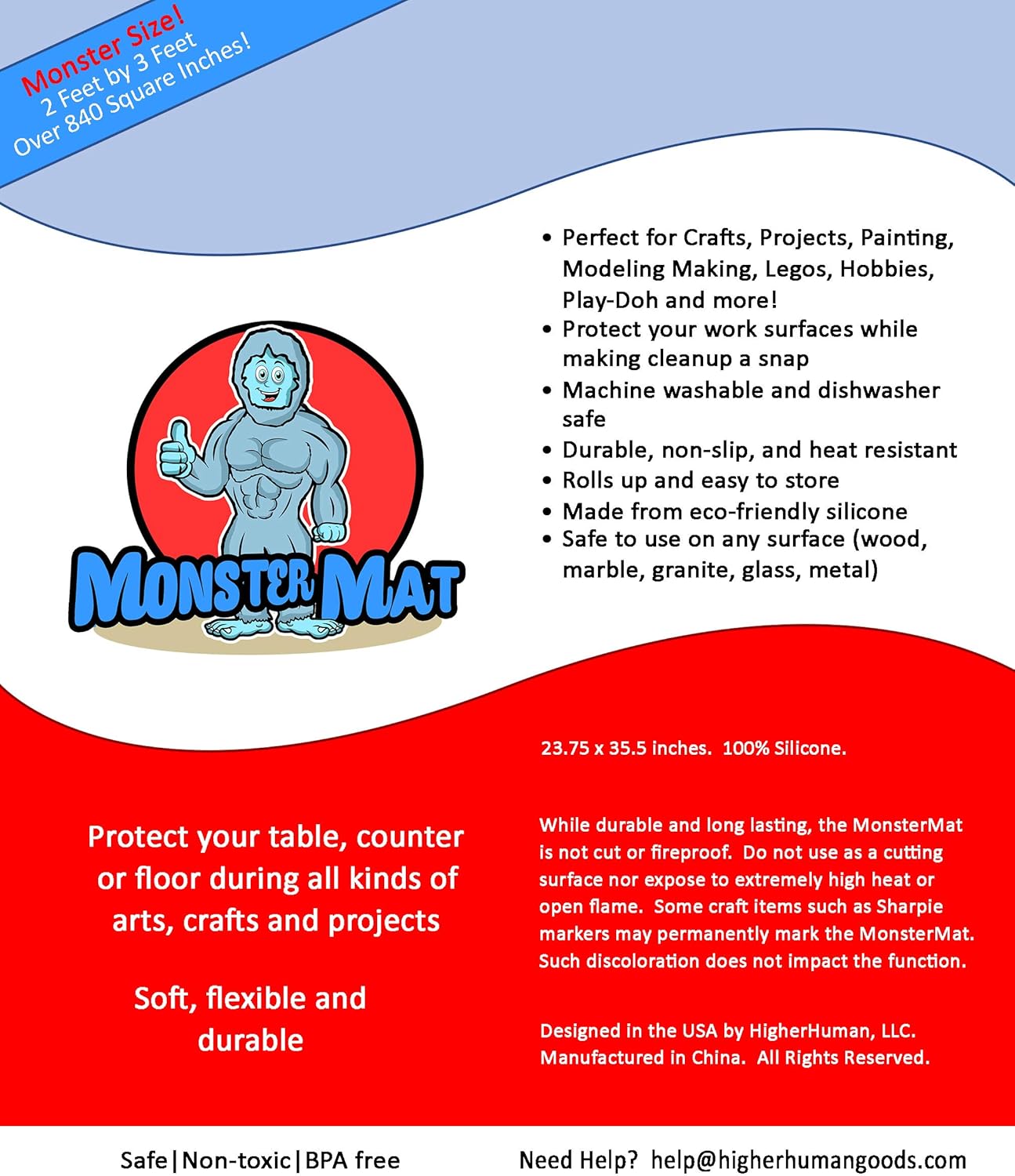 MonsterMat 36x24 Inch Extra Large Silicone Table Protector Craft Mat for Painting, Clay, Projects, Arts and Crafts and More. Easy Clean Up and Rolls for Storage. Largest Mat Available