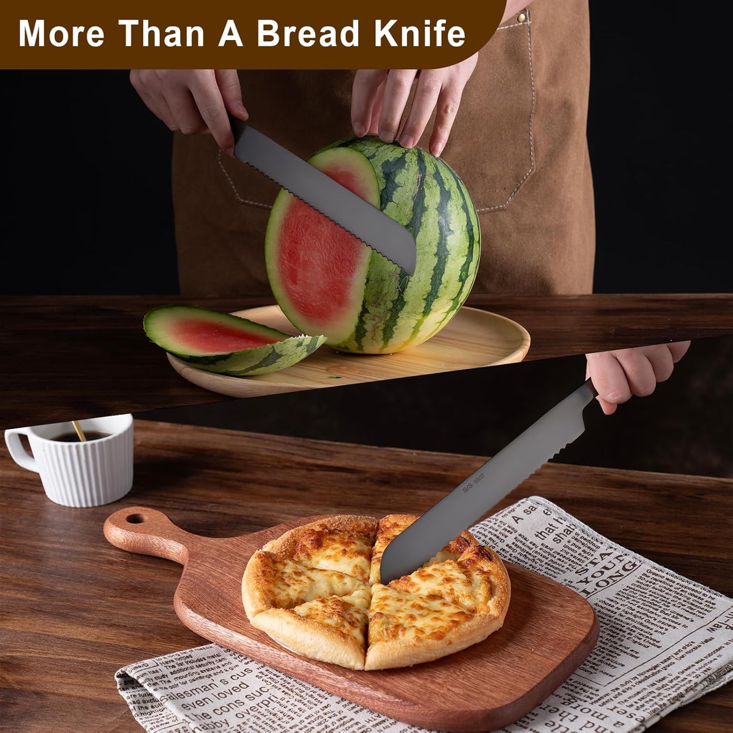 Eisinly Bread Cutting Knife, 13 Inches Serrated Bread Knives for Homemade Bread, Stainless Steel Long Bread Slicing Knife for Baker, Baking Lover, 2PCS Matte Black
