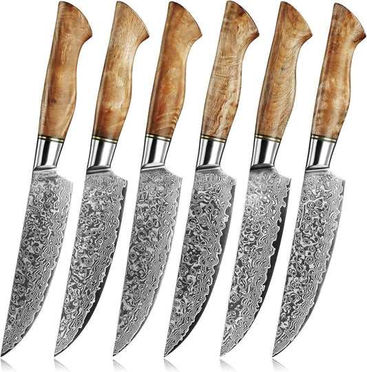 SENKEN 16-Piece Damascus Knife block Set - The Dynasty Collection - Japanese VG10 Damascus Steel with Natural Sycamore Wood Handles, Steak Knives, Scissors, & Sharpening Rod (16-Piece Knife Block Set)