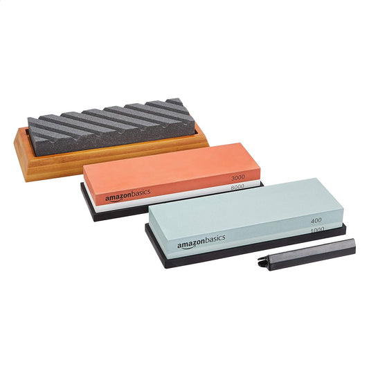 Amazon Basics Whetstone Knife Sharpening Stone, Double-Sided 1000/6000 Grit with Angle Guide, Non-Slip Bamboo Base, Black & Grey