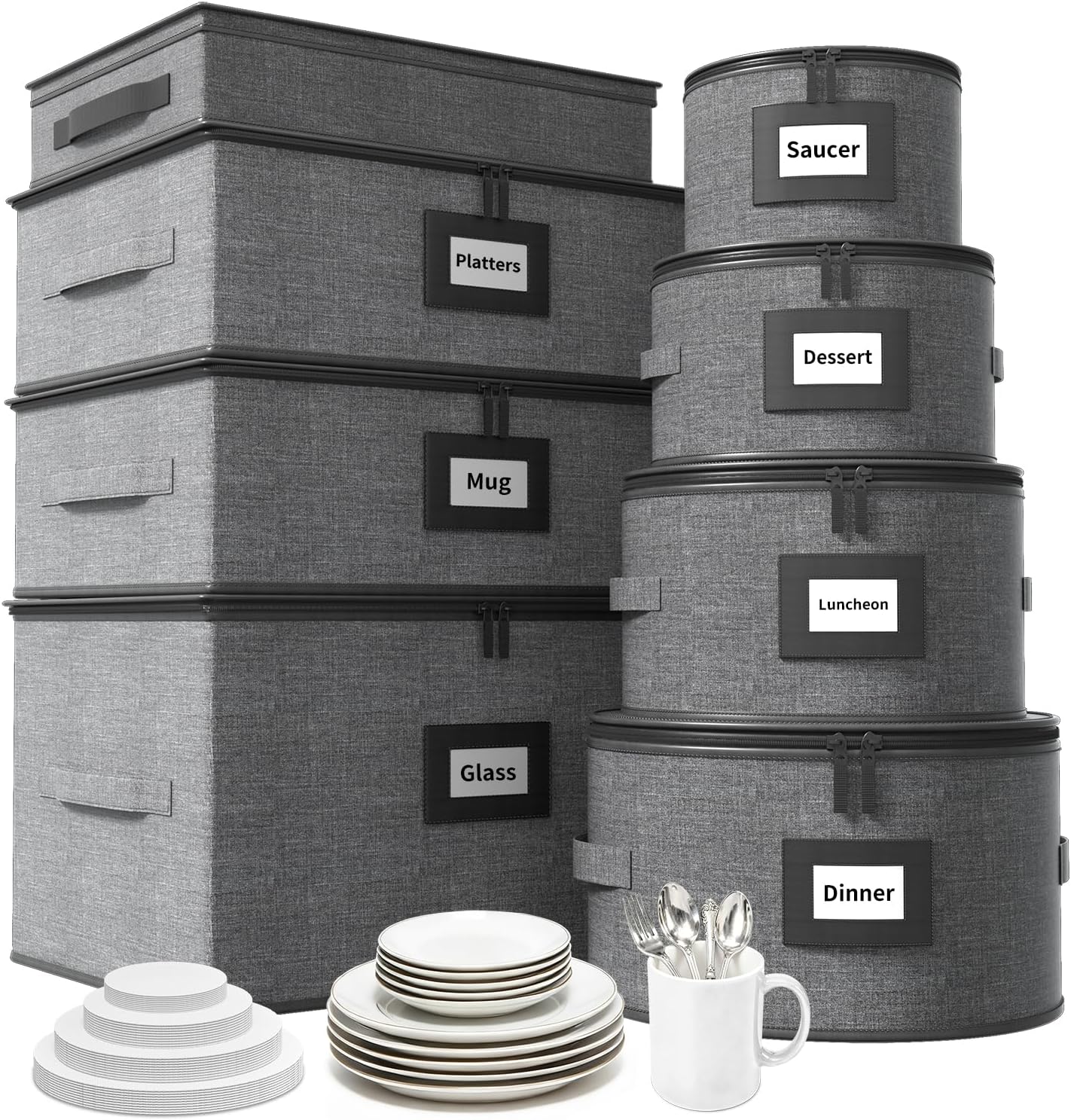 Aokeyee 2-Pack Silverware Storage Box, Sturdy Flatware Organizer with 5 Compartments & Adjustable Dividers, Utensil Case with Clear Lid & Handle for Knives, Forks & Spoons, Gray