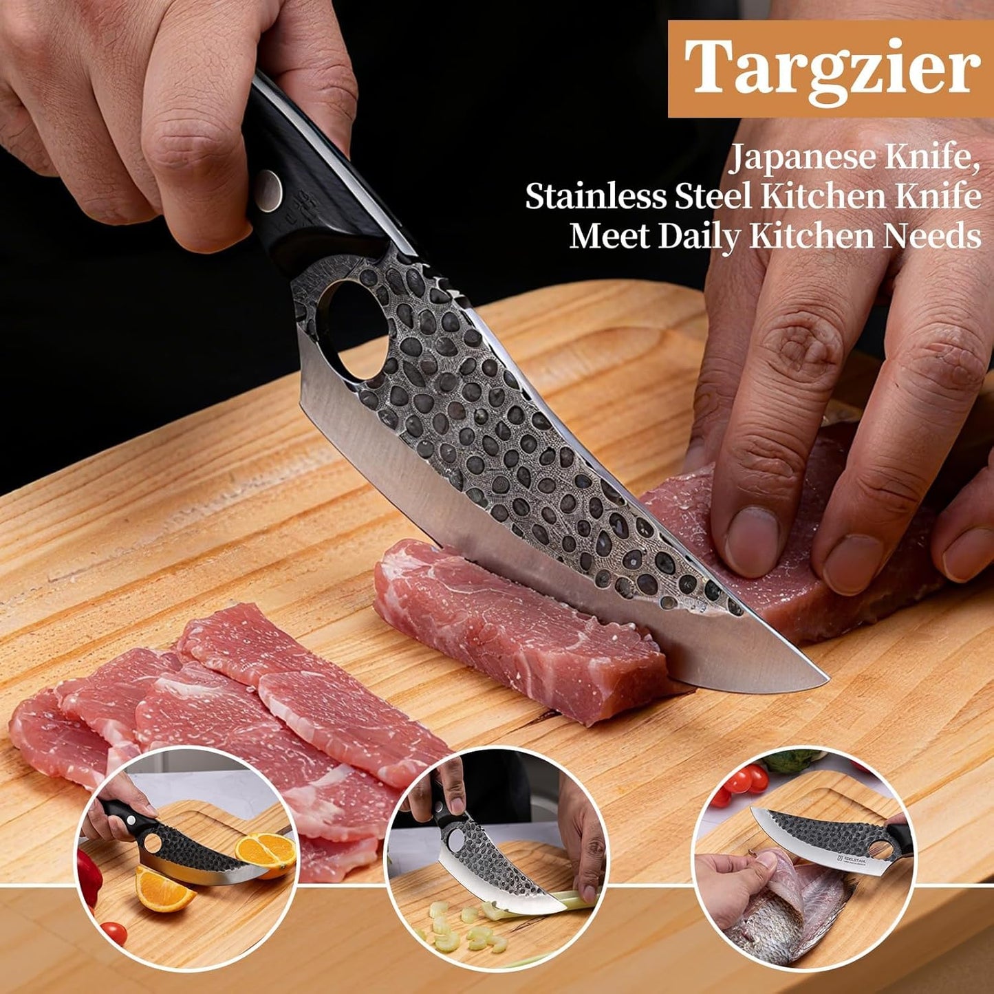 Chef Knife,Kitchen Knife for Boning,Cutting and Chopping,Hand Forged Butcher Knife,Stainless Steel Japanese Knife for Outdoor Cooking,Camping,BBQ,Ergonomic Handle,Brown