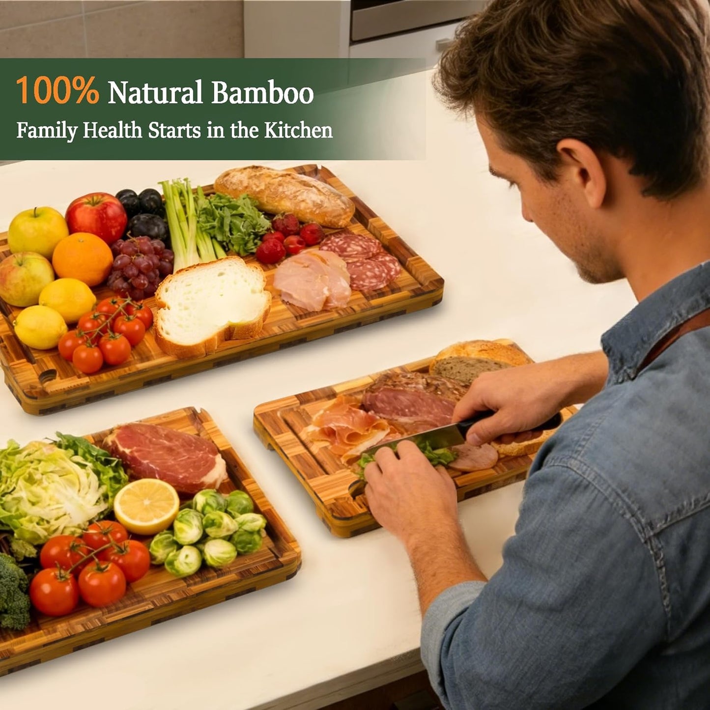 Cutting Boards for Kitchen, Bamboo Cutting Board Set of 3 with Storage Stand, Deep Carbonized Chopping Boards with Deep Juice Grooves and Side Handles for Meat, Vegetables, Fruit and Meal Prep