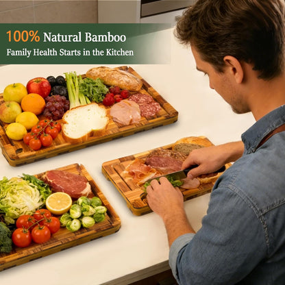 Cutting Boards for Kitchen, Bamboo Cutting Board Set of 3 with Storage Stand, Deep Carbonized Chopping Boards with Deep Juice Grooves and Side Handles for Meat, Vegetables, Fruit and Meal Prep