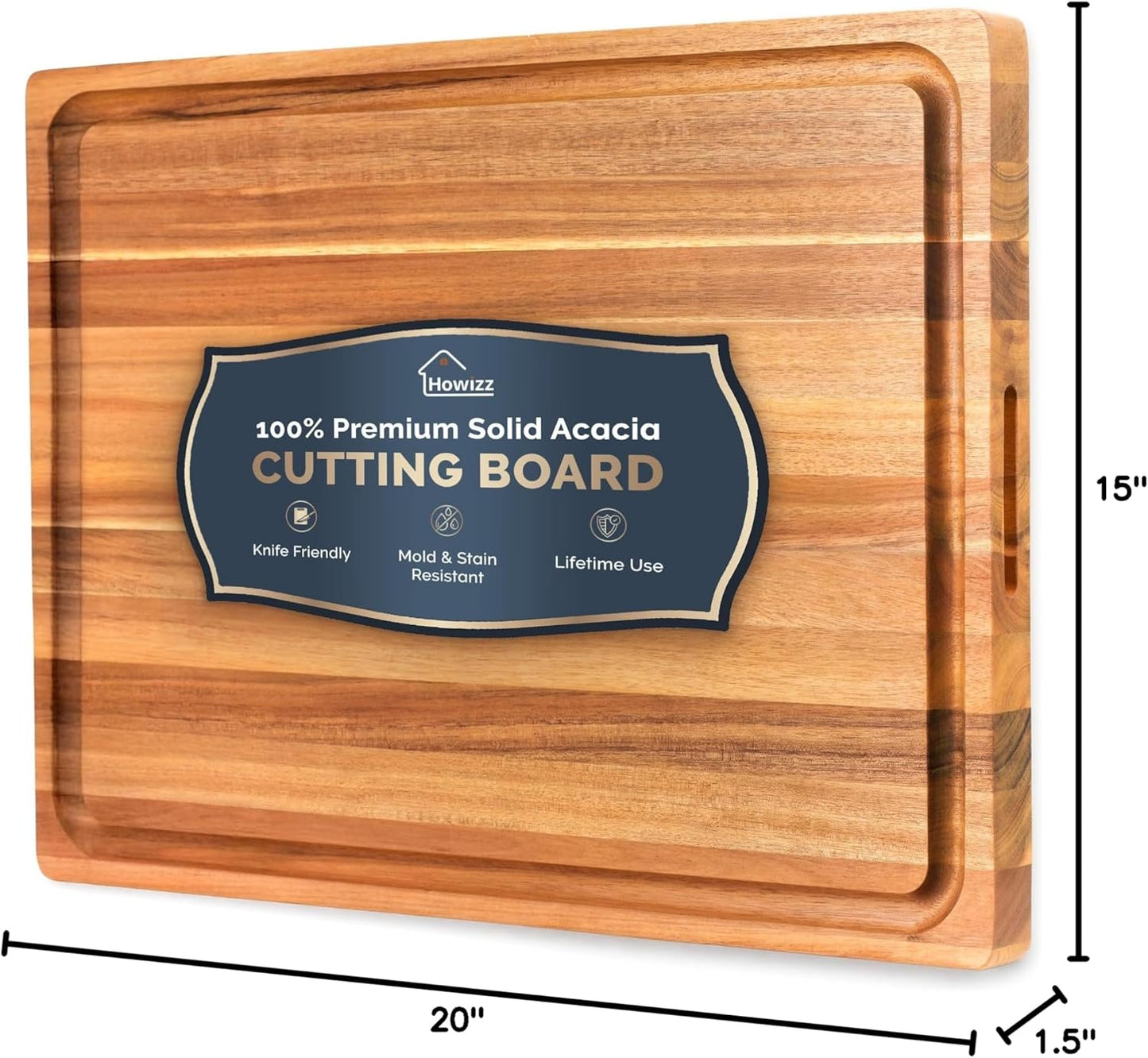 Howizz Acacia Wood Large Cutting Board, Thick End Grain Solid Wood Butcher Block For Kitchen, Non Toxic Pre-Oiled Carving Tray w/Juice Grooves and Easy Grip Handle, 20"x15"x1" (Gift-Ready Box)