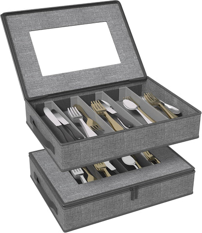 Aokeyee 2-Pack Silverware Storage Box, Sturdy Flatware Organizer with 5 Compartments & Adjustable Dividers, Utensil Case with Clear Lid & Handle for Knives, Forks & Spoons, Gray