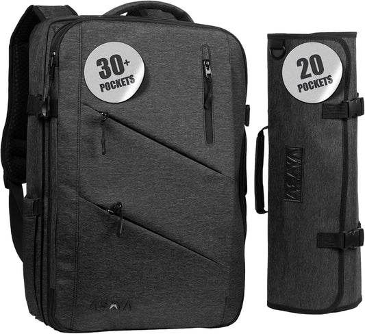 Asaya Chef Knife Backpack with 20-Pocket Knife Roll Bag - Over 30 Storage Pockets Chef Bag, Professional Backpack for Chefs and Culinary Students – Knives Not Included (Grey)