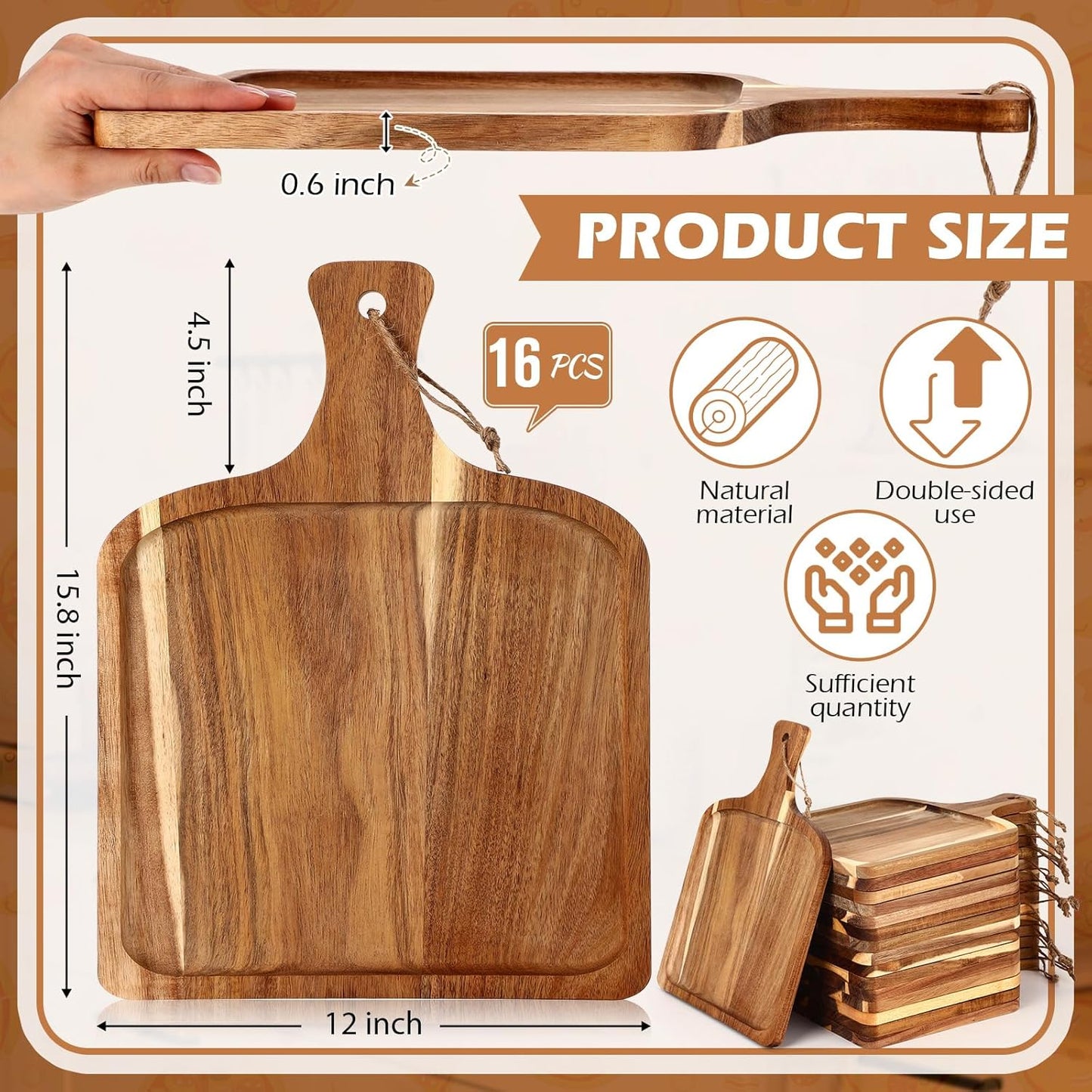 Tanlade 16 Pcs Acacia Wood Cutting Board with Handle Chopping Boards Decorative Charcuterie Platter Pizza Bread Cheese Fruit Serving Tray for Kitchen Counter Table Christmas Decorate(14 x 8 Inch)