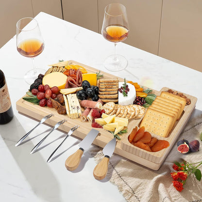 Premium Bamboo Charcuterie Board Set with Hidden Drawer & 4 Cheese Knives - 13x13 Large Cheese Board Serving Tray - Unique Housewarming Gifts for New Home, Wedding & Bridal Shower Gifts for Couples