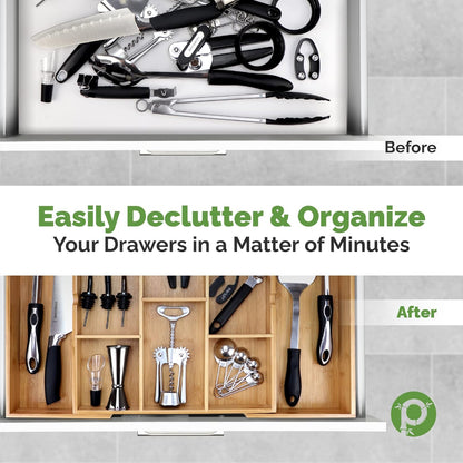 Pristine Bamboo Silverware Organizer - Small Extra-Deep Wooden Kitchen Drawer Organizer Divider for Spoons, Forks, Knives & Cutleries - 5 Slots