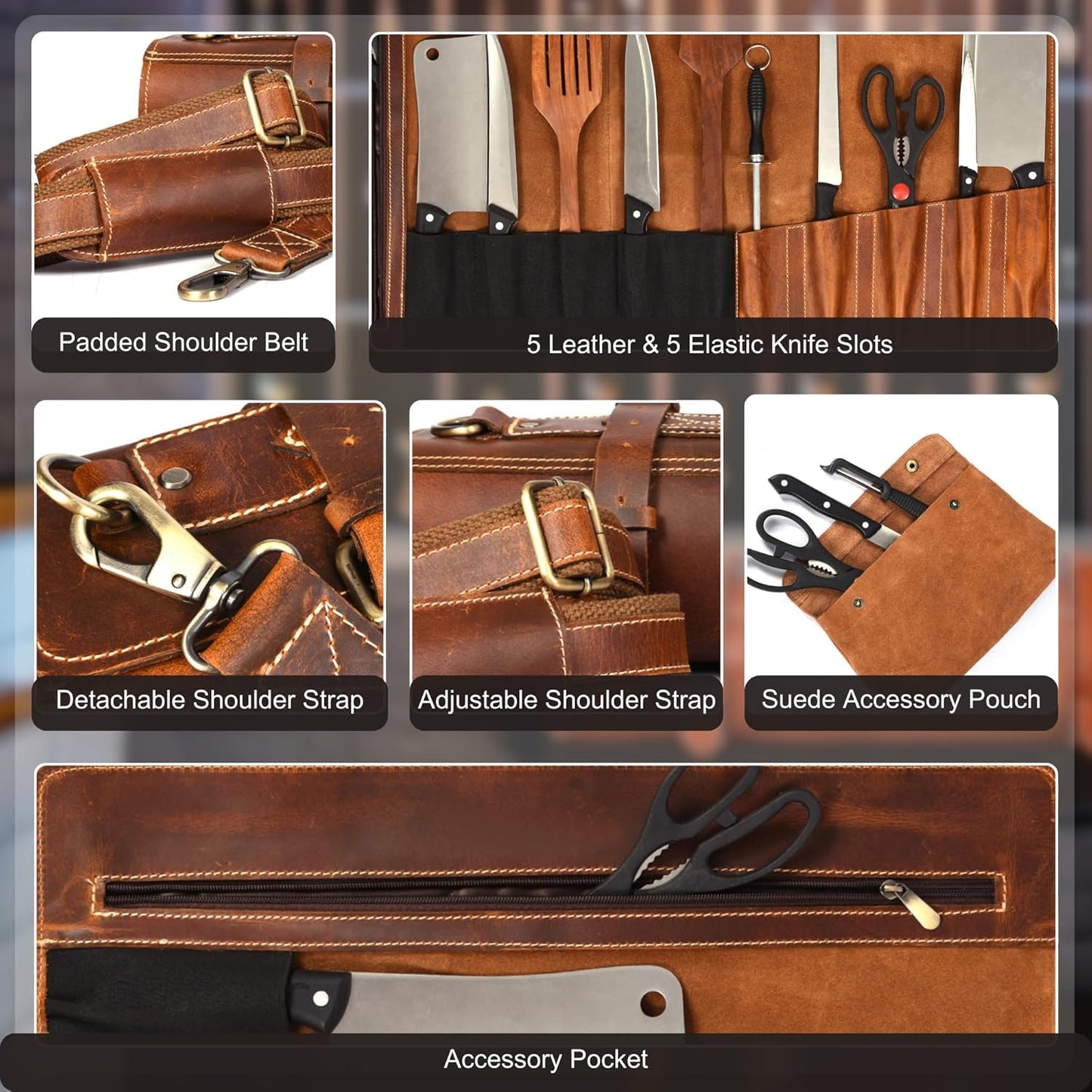 Tolredo Top Grain Buffalo Leather Chef Knife Roll Case 10 Slot and 1 Zipper Pocket for Culinary Storage Portable Bag with Detachable Shoulder Strap (Walnut, 29.5" X 20")