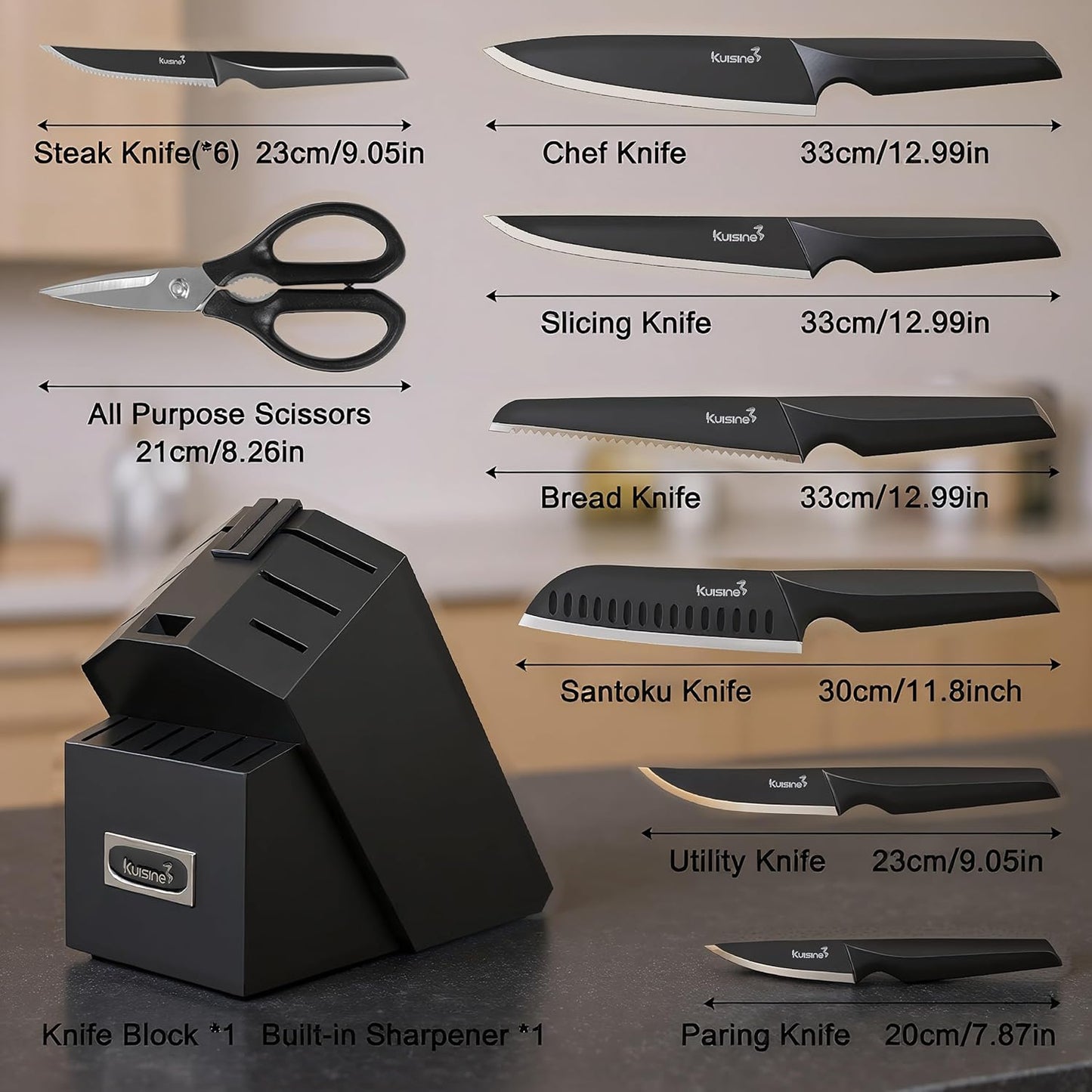 KUISINE Upgraded Knife Set High Carbon Stainless Steel Ultra Sharp Blade Ergonomic Handle,Knife Block Set with Built-in Sharpener(Ivory Acacia,15PCS)