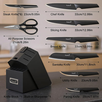 KUISINE Upgraded Knife Set High Carbon Stainless Steel Ultra Sharp Blade Ergonomic Handle,Knife Block Set with Built-in Sharpener(Ivory Acacia,15PCS)