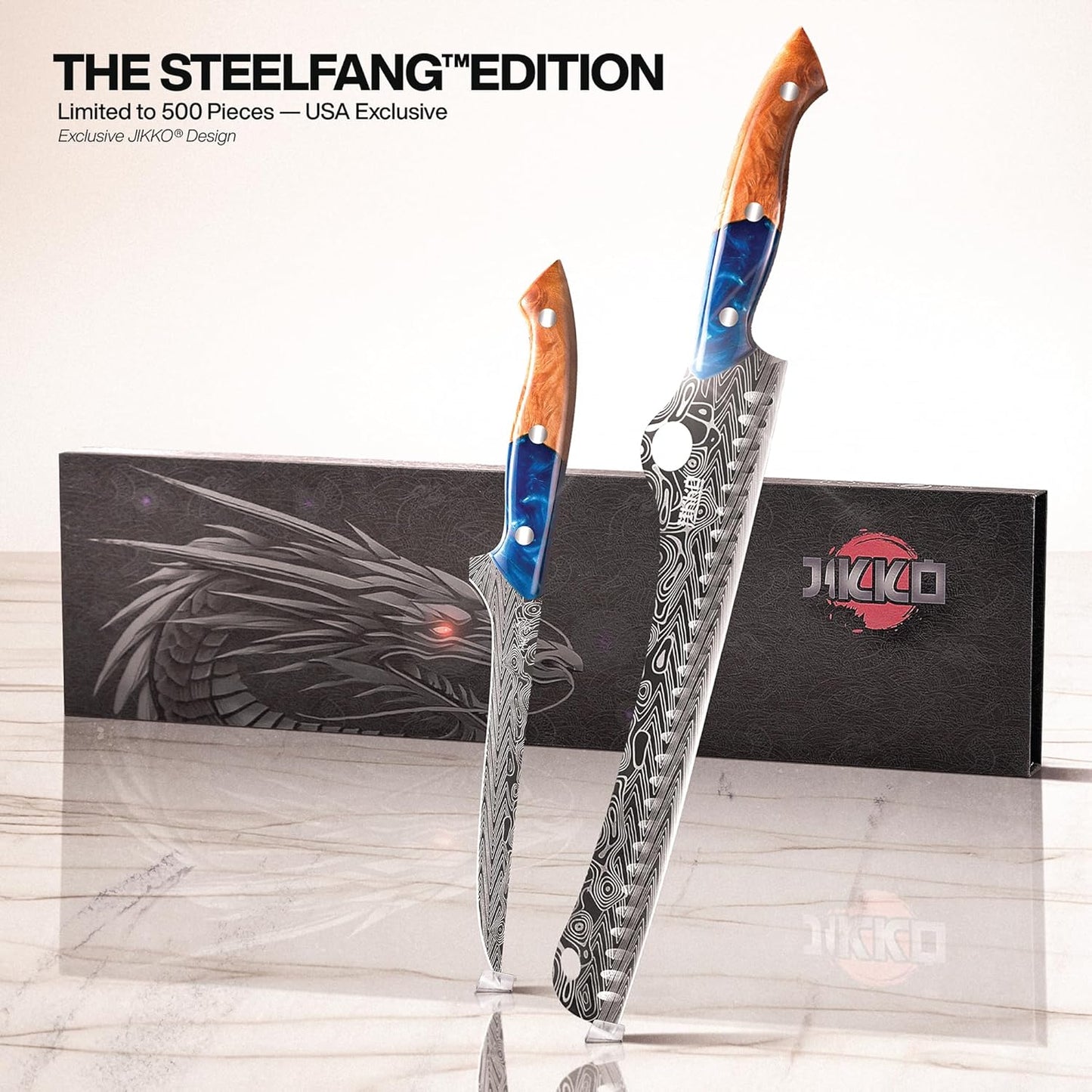 Jikko® SteelFang Edition – Japanese Brisket & Fillet Knife Set with Olive Wood & Red Epoxy Resin Handles | Premium Butcher & Carving Knives for Meat, BBQ & Fish – Ultra Sharp Stainless Steel Blades