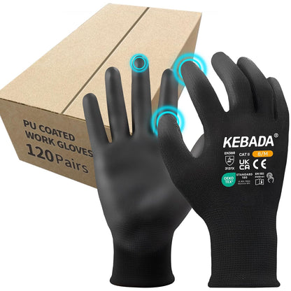 Kebada W1 Work Gloves for Men and Women, PU Coated Safety Gloves with Grip, Touchscreen, Ideal for Warehouse Package Handling, Construction, Gardening, 12 Pairs Gray Large