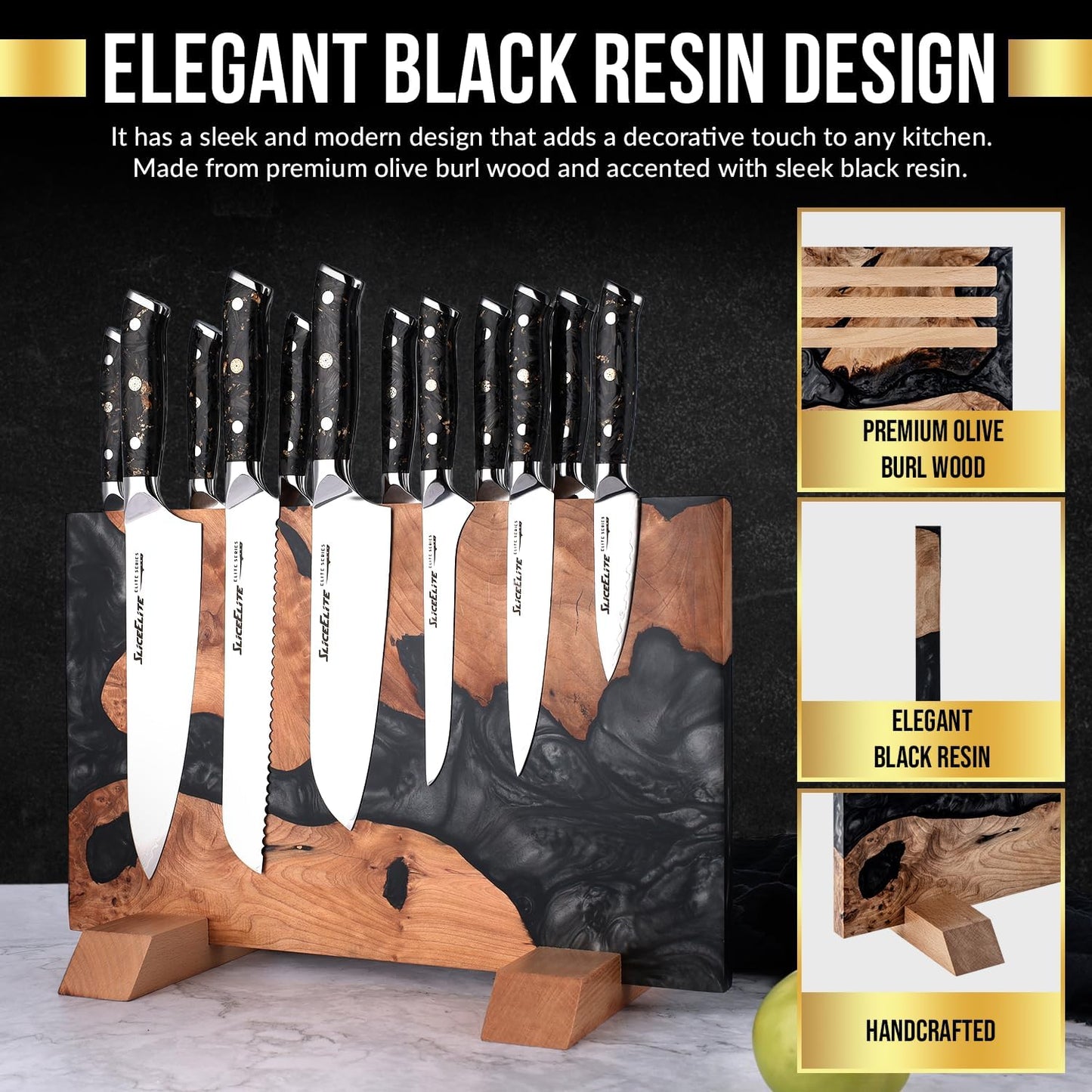 SliceElite Magnetic Knife Block Double Sided Holder East Indian Walnut Black Resin Dual Surface Magnet Storage for Knives on Kitchen Countertop Holds Up To 20 Knives