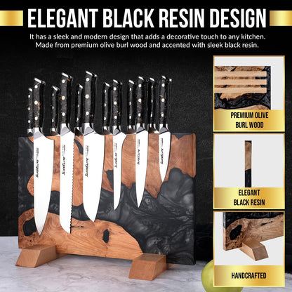 SliceElite Magnetic Knife Block Double Sided Holder East Indian Walnut Black Resin Dual Surface Magnet Storage for Knives on Kitchen Countertop Holds Up To 20 Knives