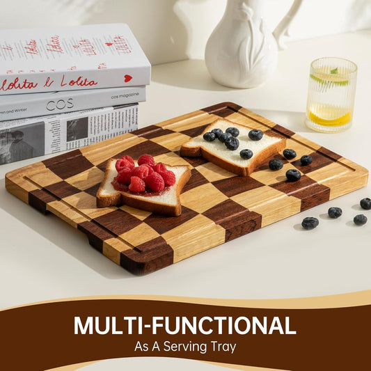 THETCHRY Cutting Boards for Kitchen, Checkered Cutting Board with Juice Grooves, End Grain Cutting Board for Meat and Vegetables, Large Butcher Block Serving Tray with Gift Box, 16.5" x 11.6" x 0.8"