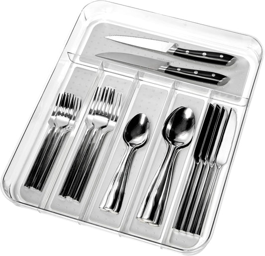 madesmart Premium Clear Silverware Tray, 6 Compartment Flatware Organizer for Forks, Knives & Spoons, Soft Grip Lining & Non Slip Base, Grey