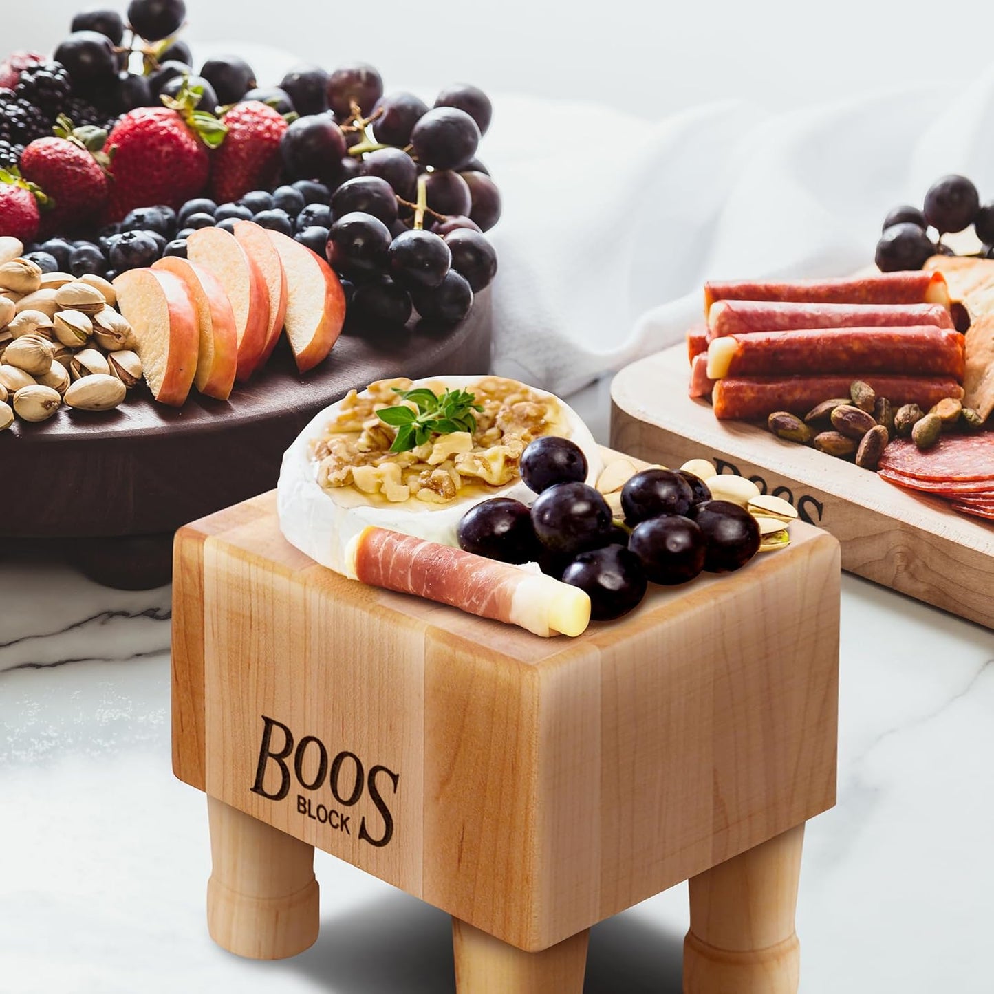 John Boos MC Series Square Wooden Maple Cutting Board 12”x12” – 3” Thick, 13-lb Non-Reversible Butcher Block with Raised Feet & End-Grain