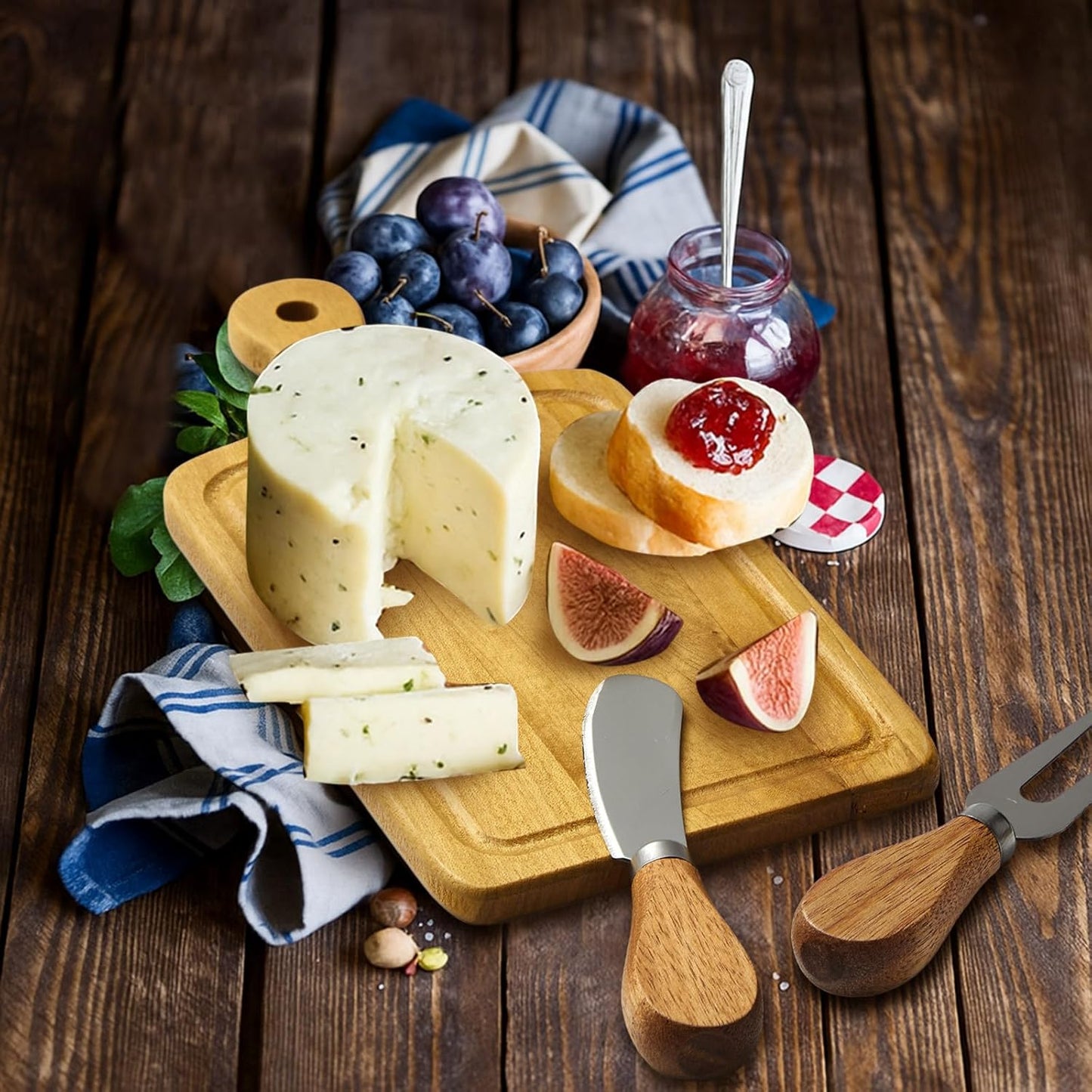 1 Set Bridal Baby Shower Cheese Prizes Wooden Square Board Gift Set Knives Forks Thank You Tags with Box for Guests for Valentines Bridal Baby Shower Housewarming Gifts (Acacia Color)