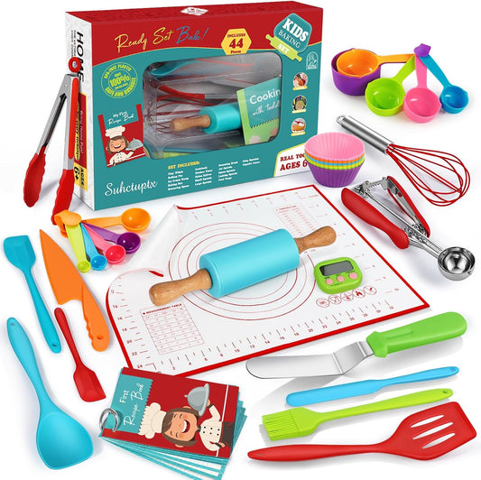 37PCS Kids Cooking Sets Real, Kids Cooking and Baking Gift Set with Storage Case Timer Kid Safe Knives Cutting Board, Toddler Real Kitchen Accessories, Birthday Gifts for Girls Boys Age 3 - 8