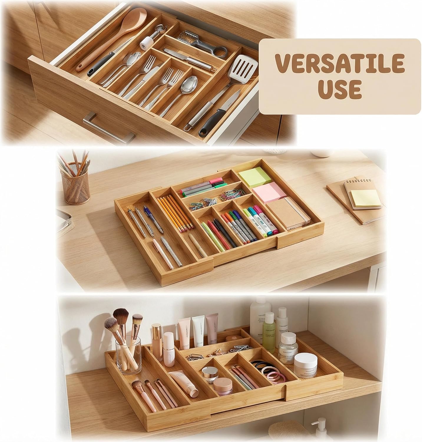 Bamboo Drawer Organizer - Expandable Kitchen Utensil Holder, Adjustable Silverware Drawer Organization, Kitchen Wooden Tray for Cutlery, Flatware & Stationery, 5-7 Slots (Natural)