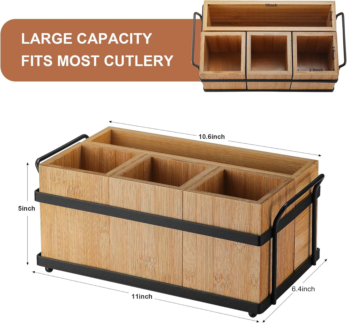PTSTING Silverware Caddy Black Wood Silverware Holder Paper Plate Dispenser Utensil Caddy Cutlery Flatware Organizer Box for Spoons Forks Plates Napkins