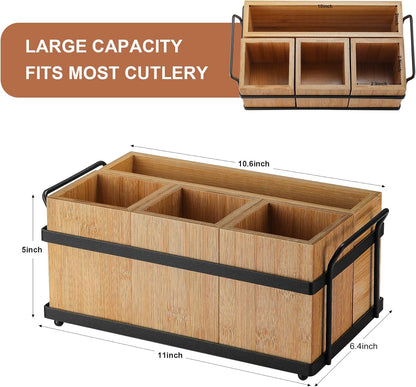 PTSTING Silverware Caddy Black Wood Silverware Holder Paper Plate Dispenser Utensil Caddy Cutlery Flatware Organizer Box for Spoons Forks Plates Napkins