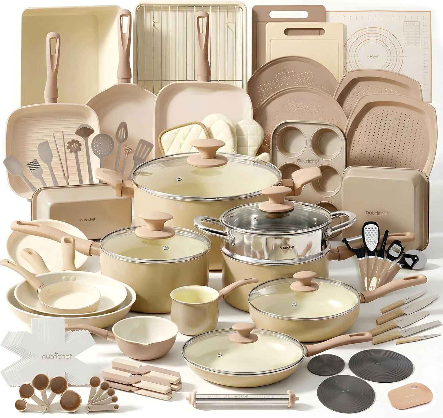 NutriChef 54-Piece Kitchen Cookware Set – Complete Non-Stick Ceramic Pots and Pans Set with Utensils, Bakeware, and Knife Set, Gas, Electric & Induction Compatible, Blush Pink Kitchen Essentials
