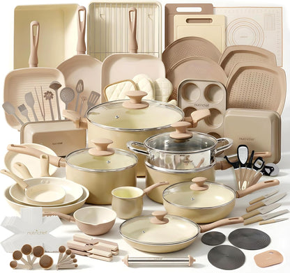 NutriChef 54-Piece Kitchen Cookware Set – Complete Non-Stick Ceramic Pots and Pans Set with Utensils, Bakeware, and Knife Set, Gas, Electric & Induction Compatible, Blush Pink Kitchen Essentials