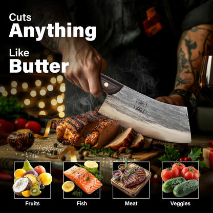 COOLINA Daozi 8" Butcher Knife, Hand-Forged High-Carbon Steel Cleaver for Heavy-Duty Meat Cutting, Slicing, Chopping, Brisket & BBQ, Full-Tang Forged Blade with Ergonomic Wood Handle