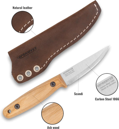 BPSKNIVES Finn Lite - Puukko Knife - Fixed-Blade 8Cr13MoV Stainless Steel Knife with Leather Sheath - Small Full Tang Camping Knives - Scandinavian Camp Utility Knives