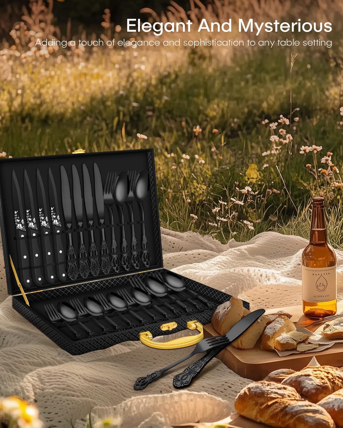 Black Silverware set with Steak Knives, Ollex 24PCS Retro Royal Flatware Set for 4 with Box, Food-Grade Stainless Steel Utensil Sets Includes Spoons Forks and Knives, Mirror Finish Dishwasher Safe