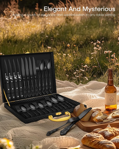 Black Silverware set with Steak Knives, Ollex 24PCS Retro Royal Flatware Set for 4 with Box, Food-Grade Stainless Steel Utensil Sets Includes Spoons Forks and Knives, Mirror Finish Dishwasher Safe