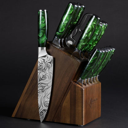 SENKEN 8-piece Engraved Japanese Kitchen Knife Set & Beautiful Green Resin Epoxy Handles - Wasabi Collection - Chef's Knife, Santoku, Cleaver, Paring, & More