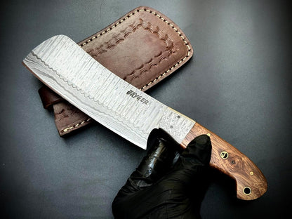 Handmade Nakiri Chef Knife 9.4" | Damascus Steel Full Tang Blade 5.5" | Rose Wood Handle & Leather Sheath | Sharp Japanese Chef Knife for Cooking, Chopping & Kitchen Use