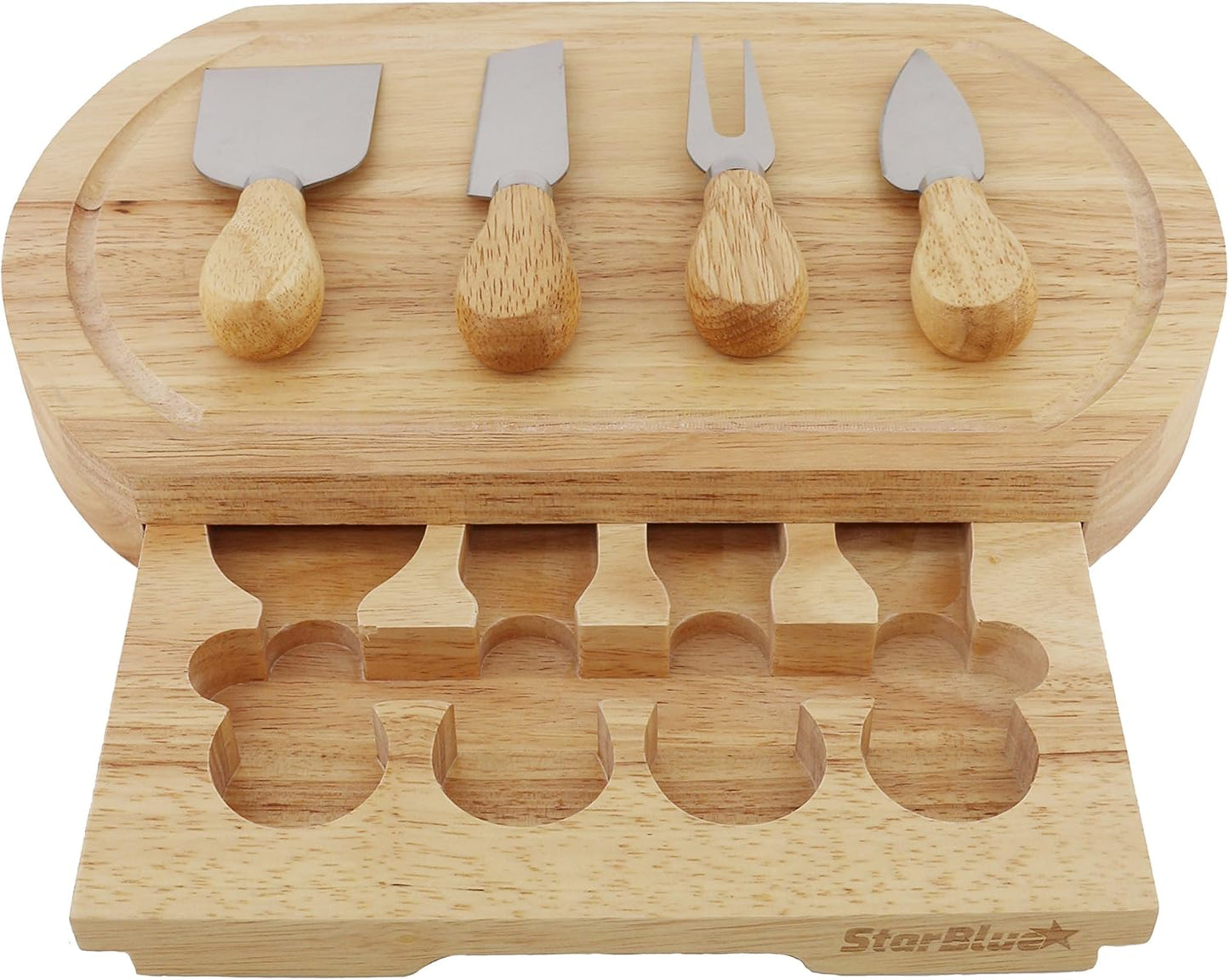 Cheese Board Set by StarBlue - with 4 Knives and Slide Out Drawer | Large Oak Wooden Cheese and Platter Cutting Serving Plate Tray | Best for Housewarming and Birthday Gift